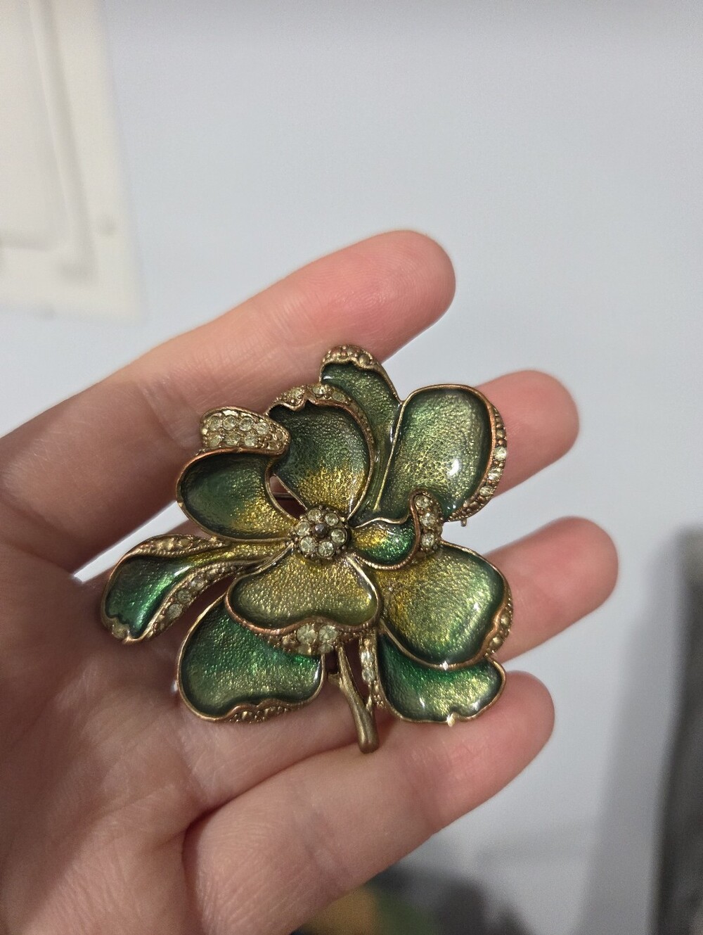 Monet Signed Green Enamel & Rhinestone Flower Gold Tone Brooch